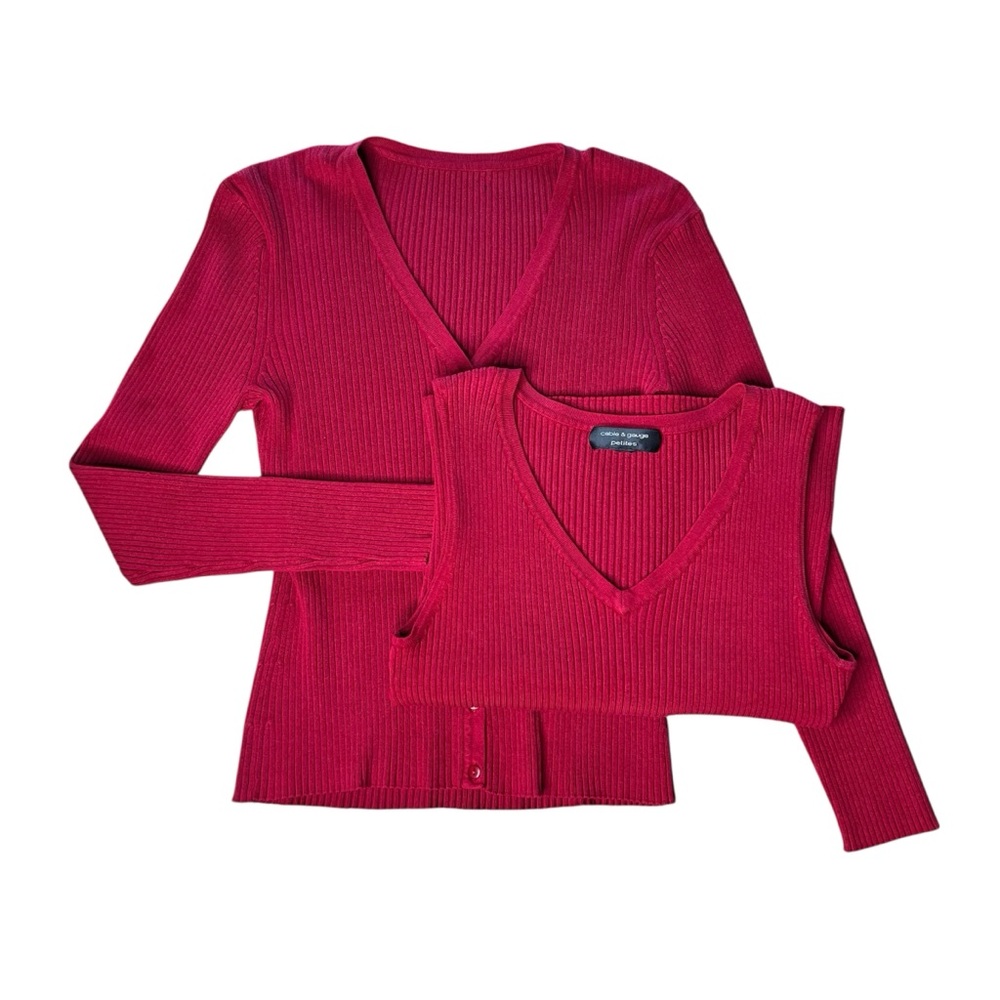 Cable & Gauge Deep Red Ribbed Knit Sleevless Top and Sweater Set, Women’s Small